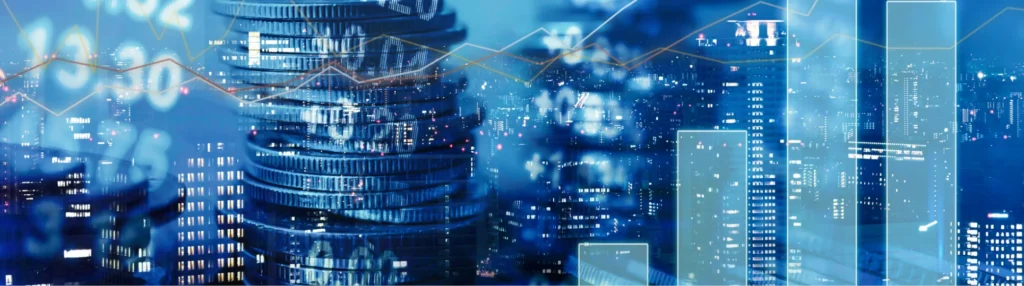 Financial market data overlay on a city skyline